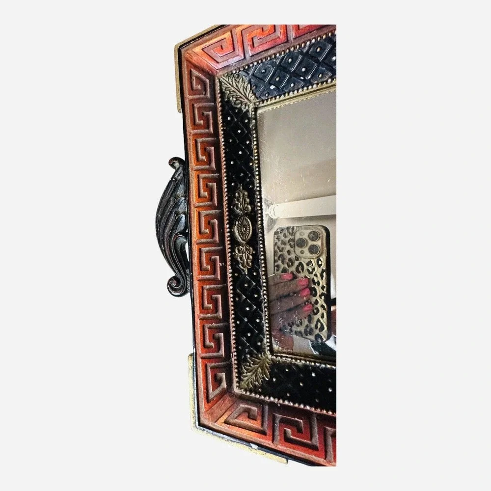 VINTAGE Mosaic Greek Key Dresser Vanity Tray Mirror Mosaic Ornate Trinket Tray